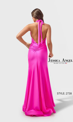 Woman models the Long Prom Dress: Jessica Angel 2738—a vibrant pink halter gown with an open back and floor-length skirt—against a plain white background. "Jessica Angel" and "Style: 2738" are shown.