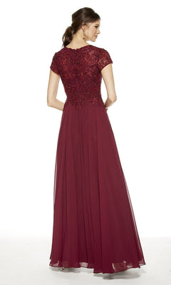 A woman showcases the Alyce 27389 long formal dress, featuring short sleeves, a lace bodice, and a chiffon A-line floor-length skirt in burgundy, viewed from the back against a plain white background.