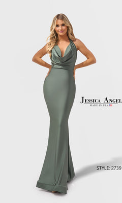 A woman poses in the Long Prom Dress: Jessica Angel 2739, a fitted, sleeveless, floor-length gown in rust olive with a draped neckline. "Jessica Angel" and "Style: 2739" are shown on the image.