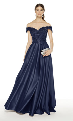 A woman wears the Alyce 27393 long formal dress in navy with off-shoulder lace detailing, holding a silver clutch.