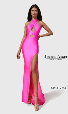 Woman modeling a fuchsia stretch-jersey Long Prom Dress (Jessica Angel 2743) with halter neckline, cutout details, and thigh-high slit, paired with high heels.