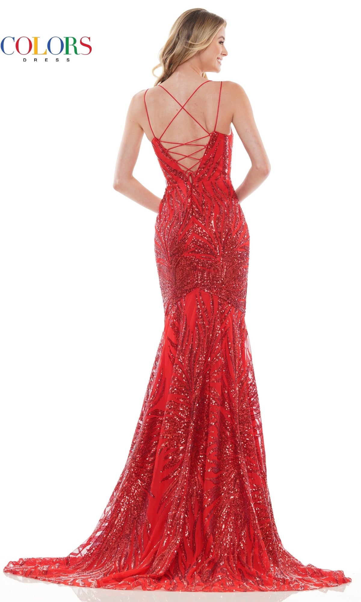 Sleek Sequin-Print Long Lace-Up Prom Dress 2743