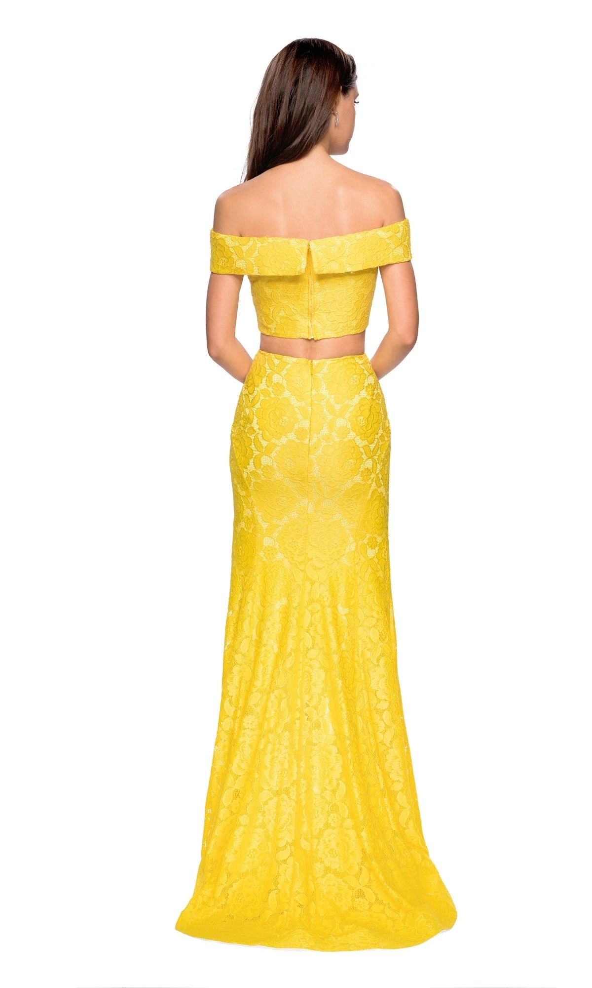 Woman in the La Femme Two-Piece Mermaid Lace Prom Dress 27443, featuring a vibrant yellow lace design with floral detailing, fitted bodice, and floor-length mermaid skirt. Elegantly showcased from the back.