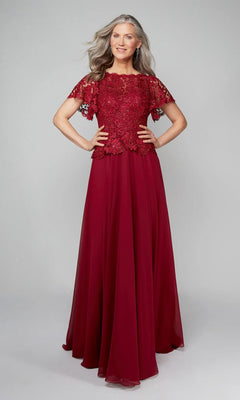 A woman poses with hands on hips in the Alyce 27469, a floor-length formal dress in burgundy with a lace bodice and short flutter sleeves, set against a plain light gray background.