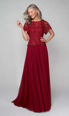 Model wearing the Alyce 27469 long formal dress, featuring short sleeves and a burgundy lace-embroidered bodice, posing and smiling against a plain light background.