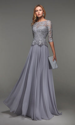 A woman in the Alyce 27470 long formal dress in silver, featuring a lace bodice and three-quarter sleeves, holds a matching clutch against a neutral background.