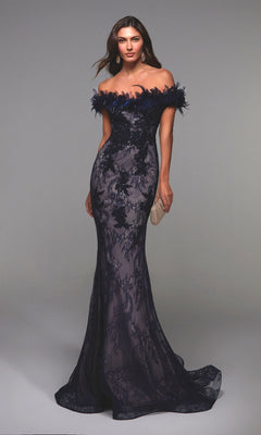 Woman wearing the Alyce 27490 long formal dress in navy/latte, featuring an off-shoulder, fitted mermaid silhouette with floral lace detail, holding a beige clutch against a plain gray background.