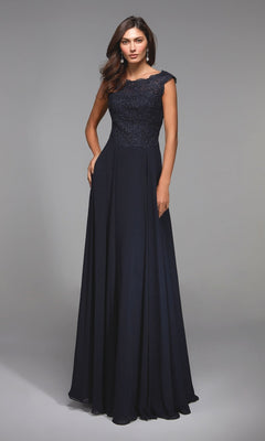 A woman models the Alyce 27504, a sleeveless midnight chiffon formal dress with a lace bodice and flowing floor-length a-line skirt, standing against a plain gray background.