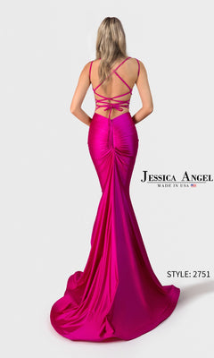 A woman showcases the Long Prom Dress: Jessica Angel 2751—a bright pink, floor-length, backless mermaid gown with crisscross straps. Text reads "Jessica Angel, Made in USA, Style: 2751.