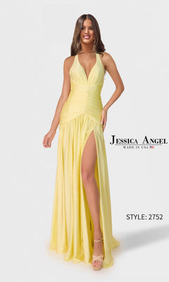 A woman wears the Jessica Angel 2752 Long Prom Dress in pale yellow, featuring a sleeveless design, deep V neckline, ruched fitted bodice, and high thigh slit. "Jessica Angel" branding and style 2752 are shown in the image.