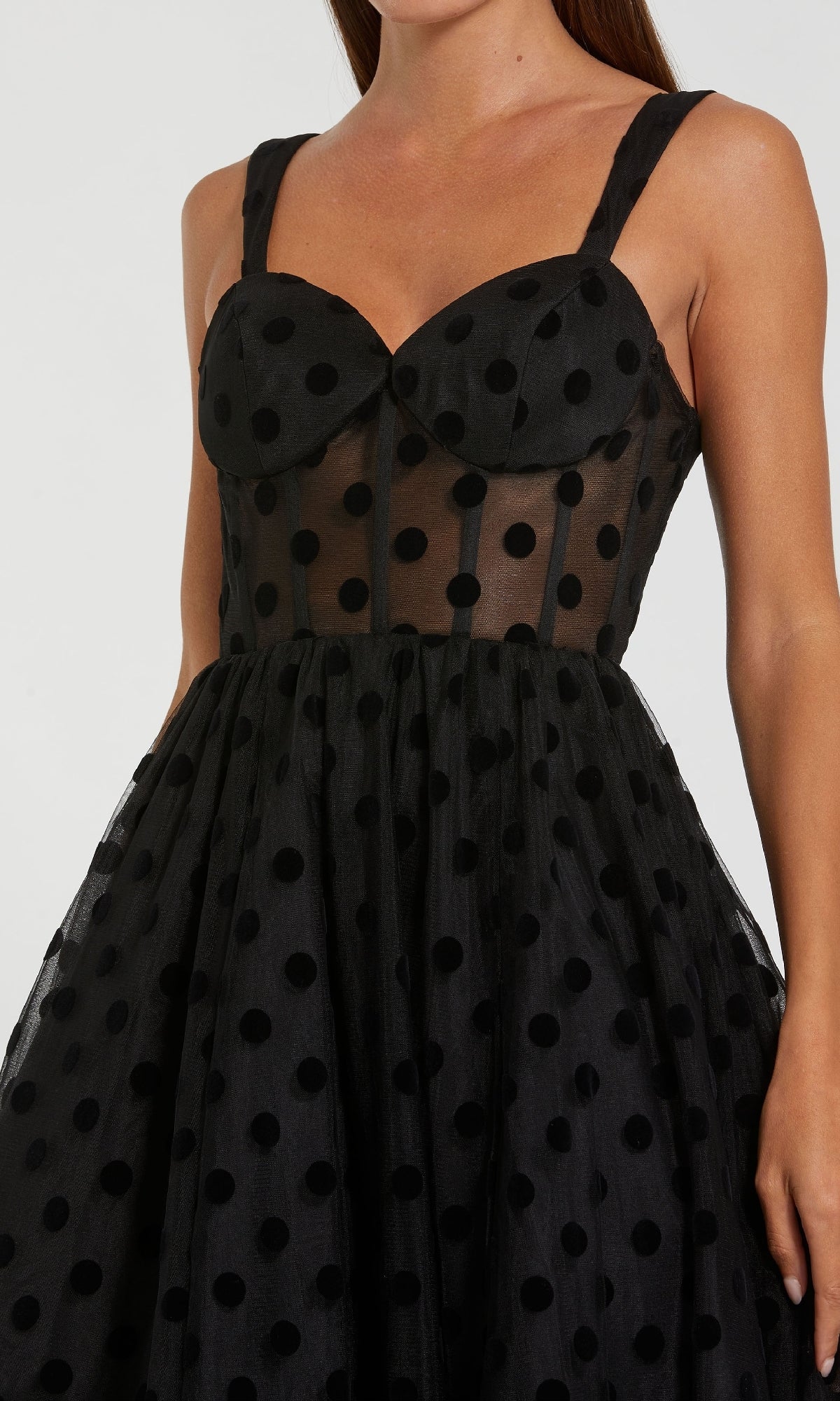 Mac Duggal Petite Polka Dot Net Bustier A-Line Midi Dress - Black Mac Duggal Petite Polka Dot Net Bustier A-Line Midi Dress - Black