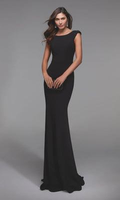 A woman wearing the Alyce 27539 long formal dress, a floor-length, sleeveless jersey gown, holds a small clutch while standing against a plain gray background.