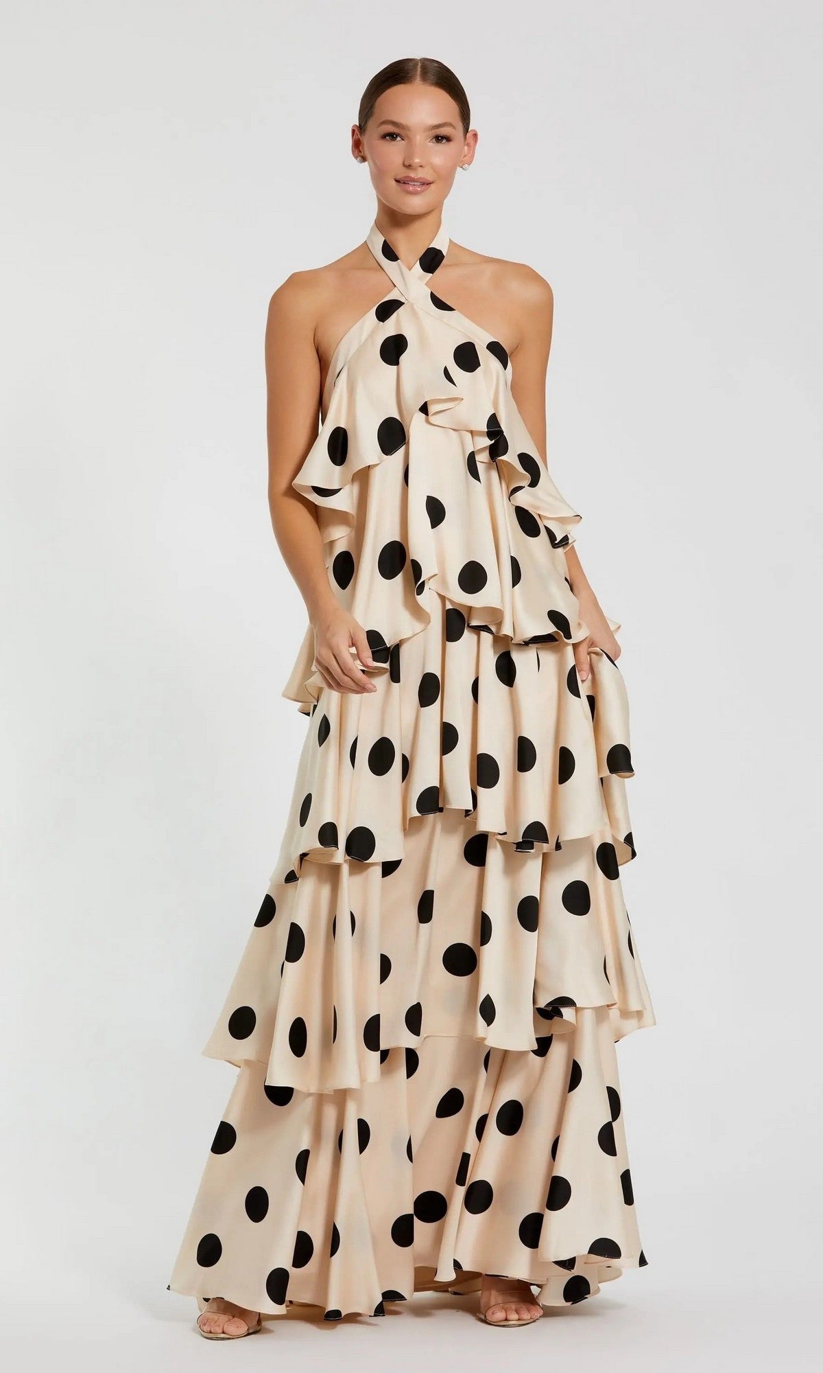 Cream-colored Mac Duggal 27540 long formal dress featuring black polka dots and tiered ruffles.