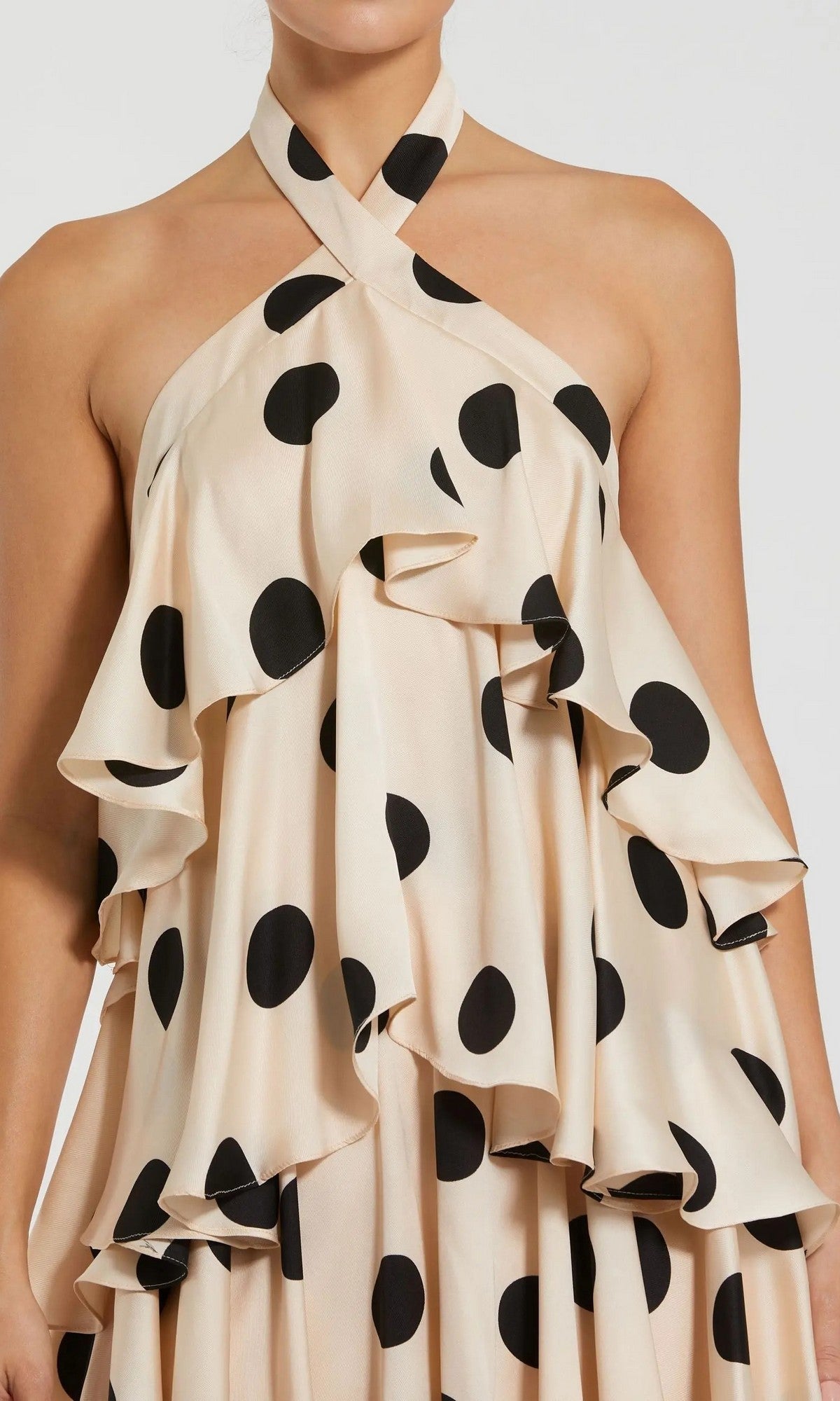 Mac Duggal 27540 long formal dress in cream with large black polka dots and cascading ruffled tiers.