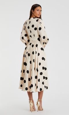 Beige Polka Dot Charmeuse Long Sleeve V Neck Midi Dress - Mac Duggal Cream Black / US 14 Beige Polka Dot Charmeuse Long Sleeve V Neck Midi Dress - Mac Duggal Cream Black / US 14