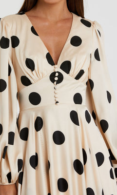 Beige Polka Dot Charmeuse Long Sleeve V Neck Midi Dress Beige Polka Dot Charmeuse Long Sleeve V Neck Midi Dress