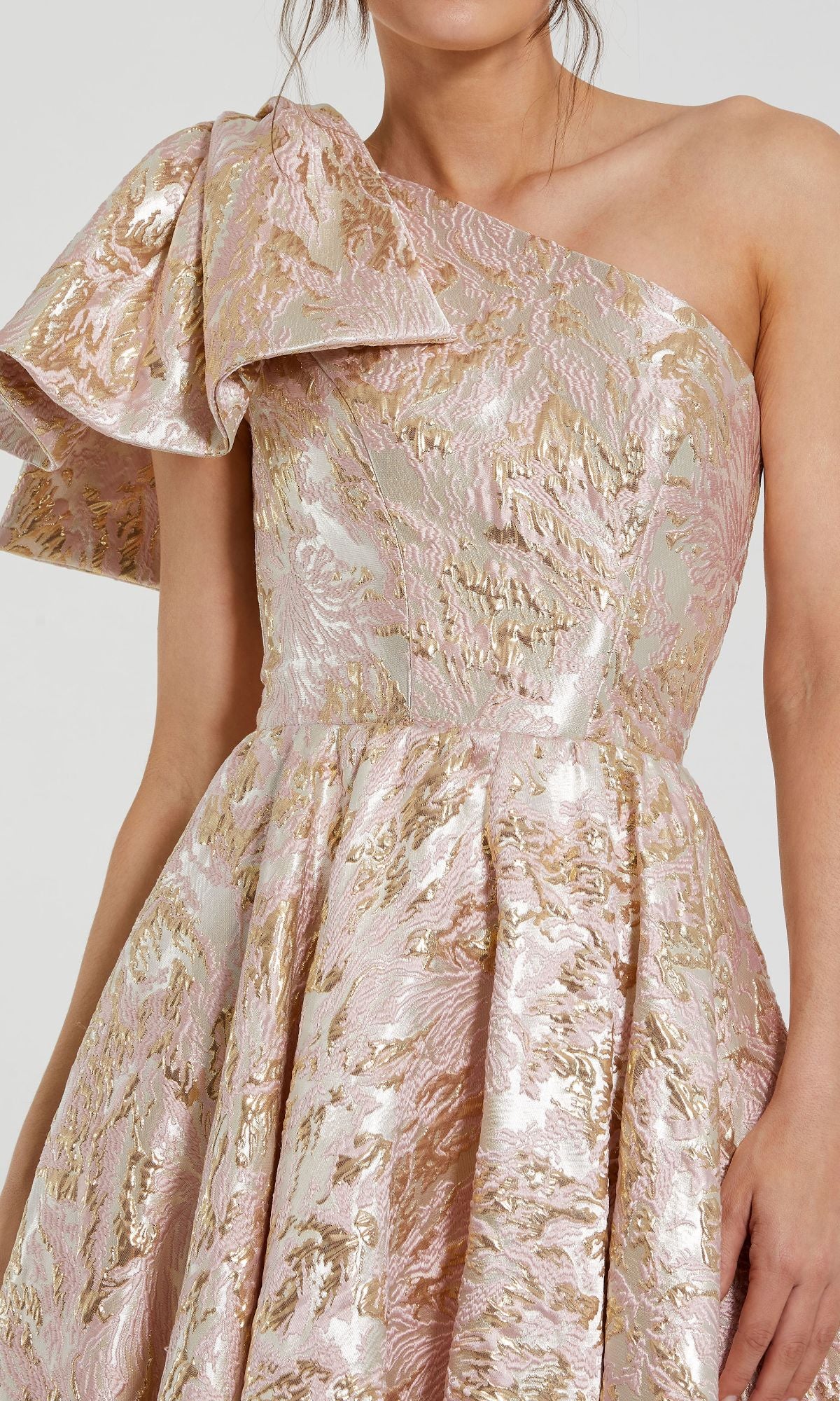 Mac Duggal - Pink Brocade One Shoulder Floral Gown With Bow - Pink Multi / US 10 Mac Duggal - Pink Brocade One Shoulder Floral Gown With Bow - Pink Multi / US 10