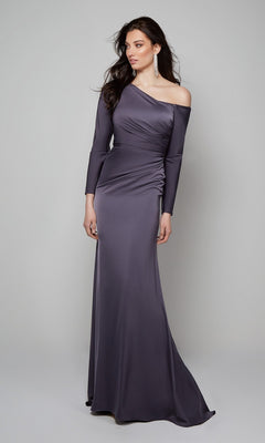 Woman wearing the Alyce 27557 long, fitted, off-the-shoulder dark gray formal dress with long sleeves, standing against a plain light background.