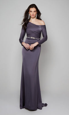 A woman in the Alyce 27557 long formal dress, featuring an off-the-shoulder neckline, long sleeves, ruched bodice, and jeweled belt, stands against a light gray background—ideal for an elegant wedding guest look.