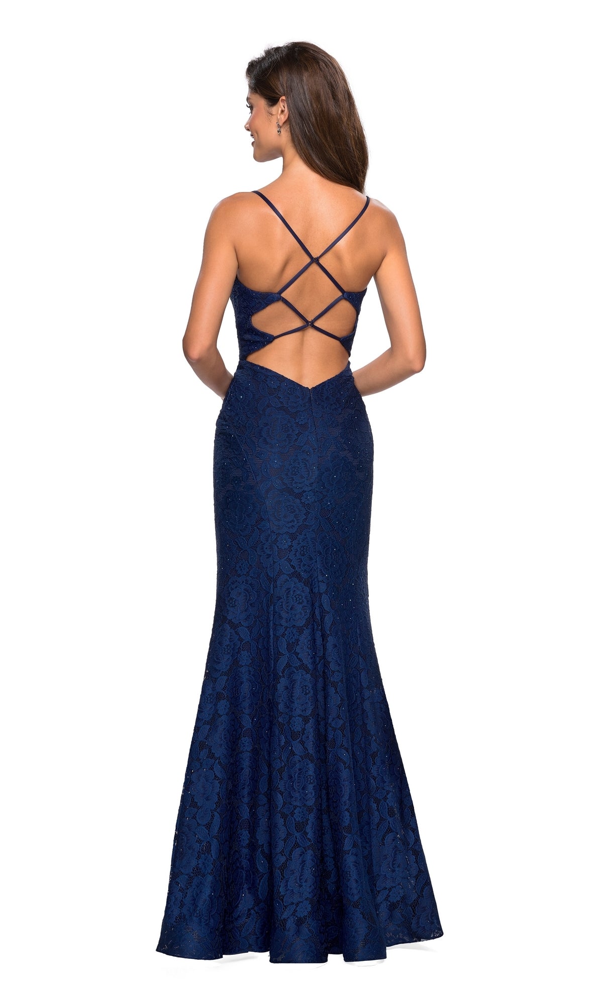 Strappy Open-Back Lace Prom Dress: La Femme 27565