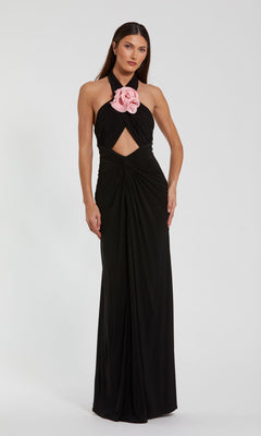 Mac Duggal - Black Jersey Crossover Halter Neck Gown With 3D Flower - Black Pink / S Mac Duggal - Black Jersey Crossover Halter Neck Gown With 3D Flower - Black Pink / S