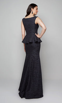 A woman faces away, wearing the Alyce 27579 long formal dress, featuring textured jacquard fabric and a striking peplum waist detail.