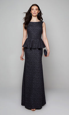 A woman in the Alyce 27579 long formal dress, a sleeveless dark jacquard peplum gown, holds a small clutch and stands against a plain light gray background.