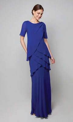 A woman models the Alyce 27593, a long royal blue chiffon gown with tiered layers and short sleeves—an elegant mother-of-the-bride formal dress against a neutral background.