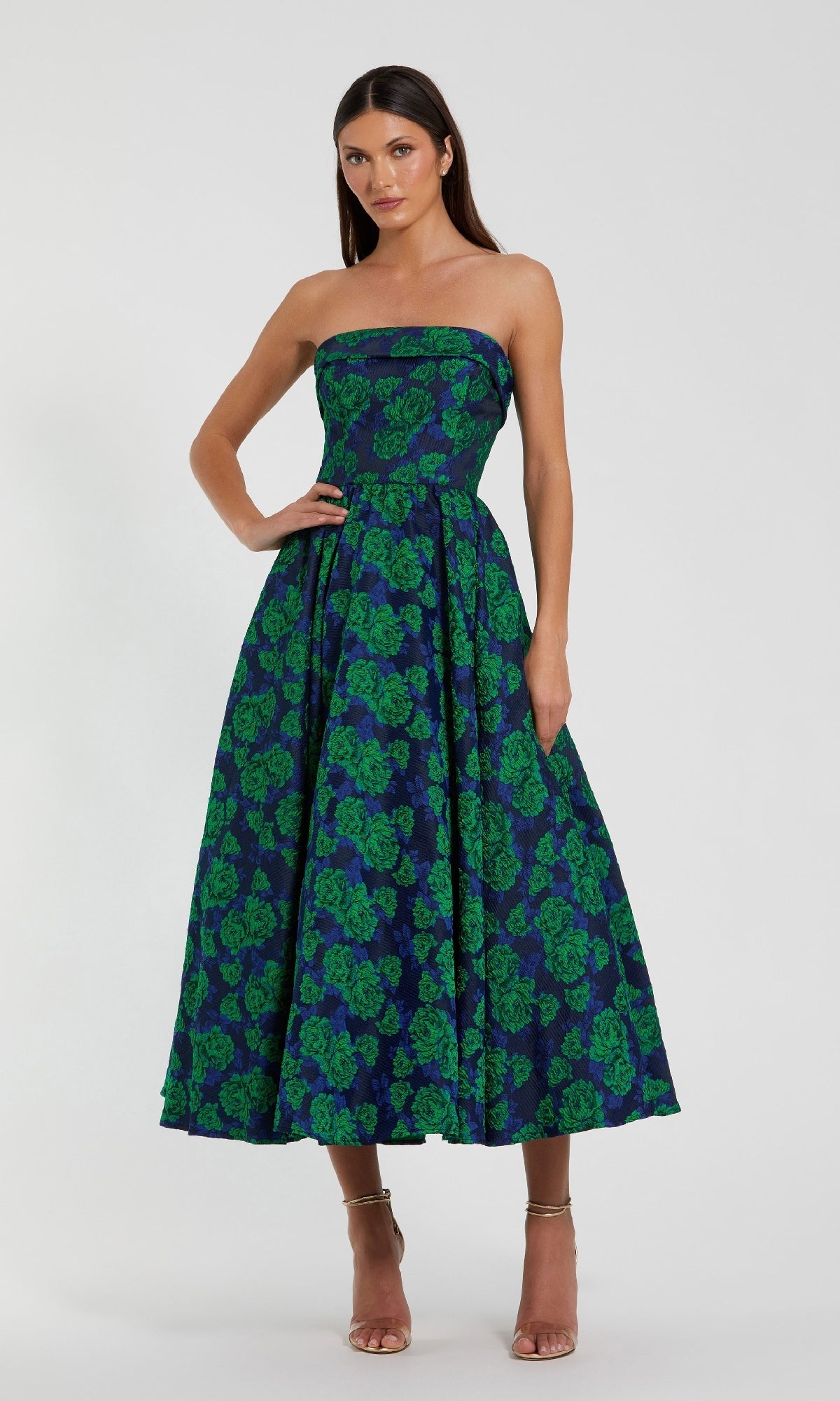 Strapless Green Midi Wedding Guest Dress with Print– PromGirl