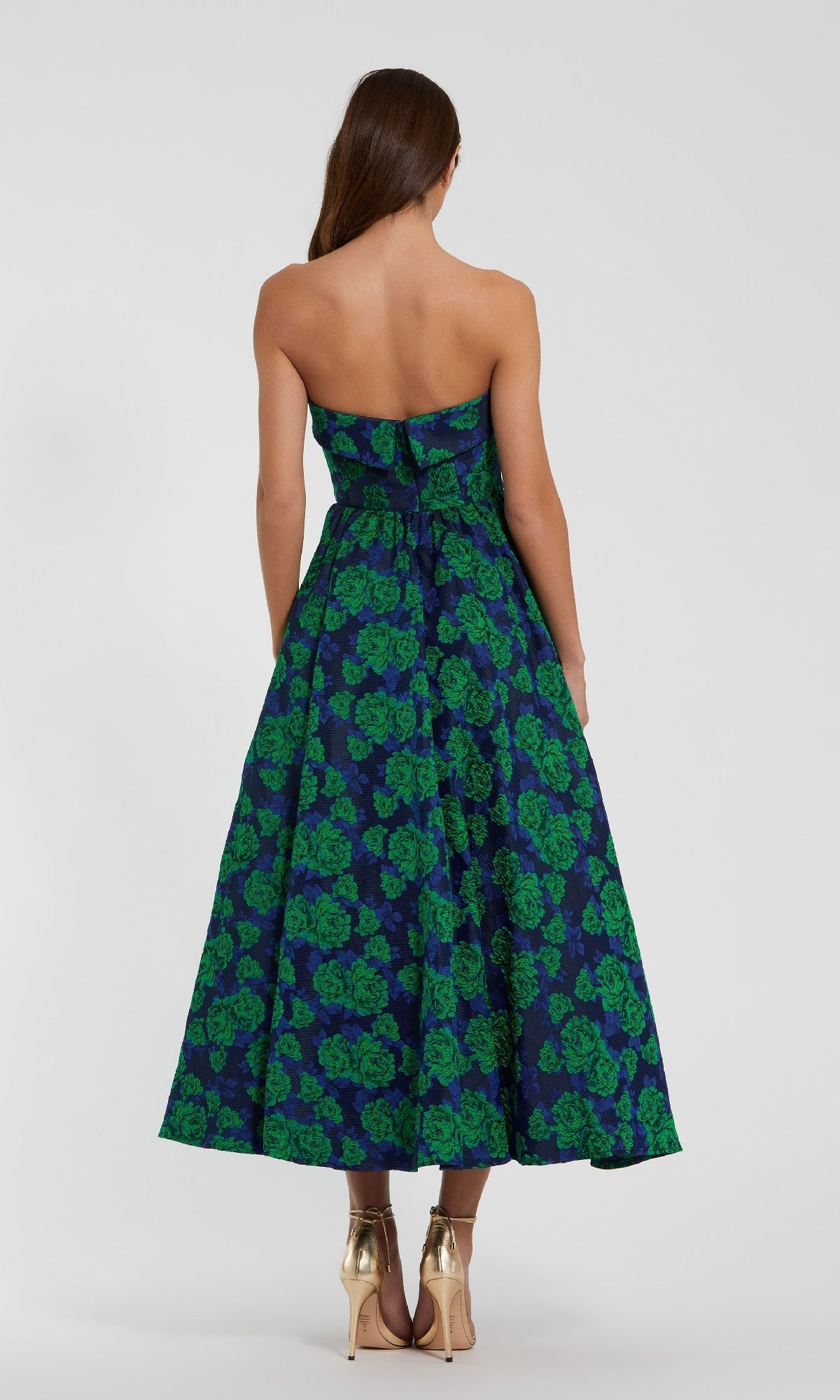 Mac Duggal Brocade Strapless A-Line Midi Dress - Emerald Multi Mac Duggal Brocade Strapless A-Line Midi Dress - Emerald Multi