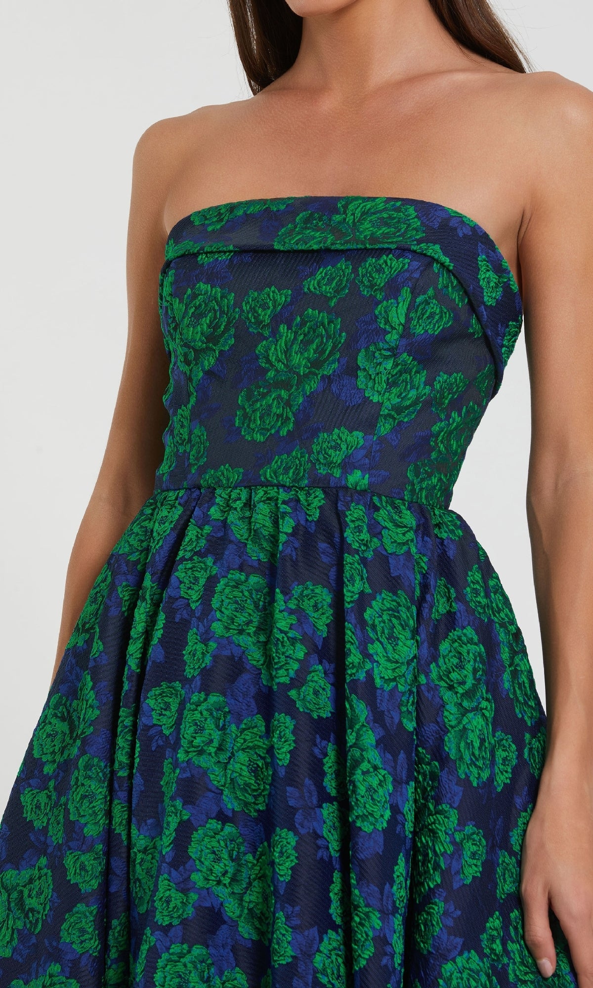 Strapless Green Midi Wedding Guest Dress with Print PromGirl Strapless Green Midi Wedding Guest Dress with Print PromGirl