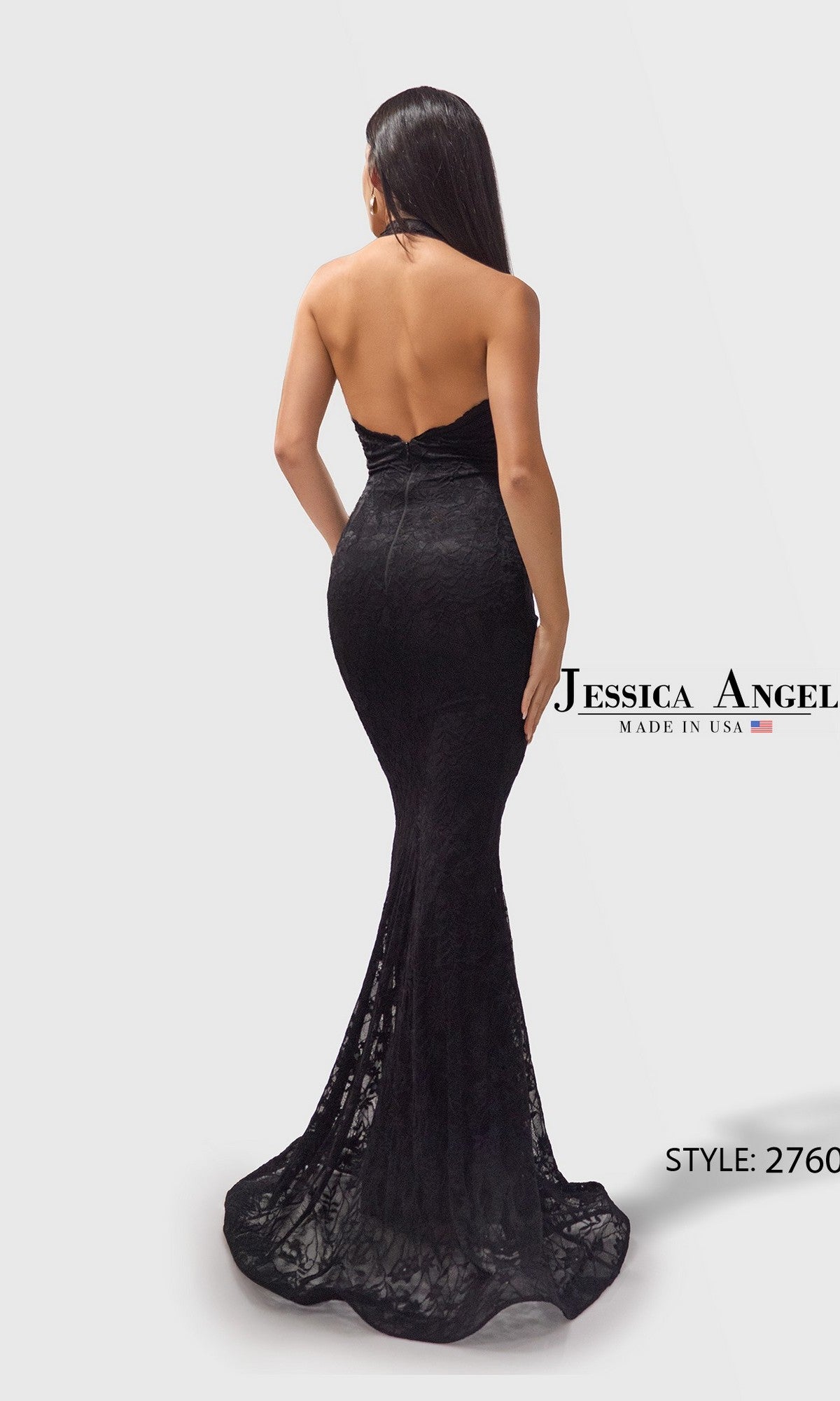 A woman faces away, modeling the Long Prom Dress: Jessica Angel 2760—a strapless, fitted black lace gown with a flared, floor-length hem. Branding and the style number are visible in the image.