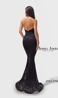 A woman faces away, modeling the Long Prom Dress: Jessica Angel 2760—a strapless, fitted black lace gown with a flared, floor-length hem. Branding and the style number are visible in the image.