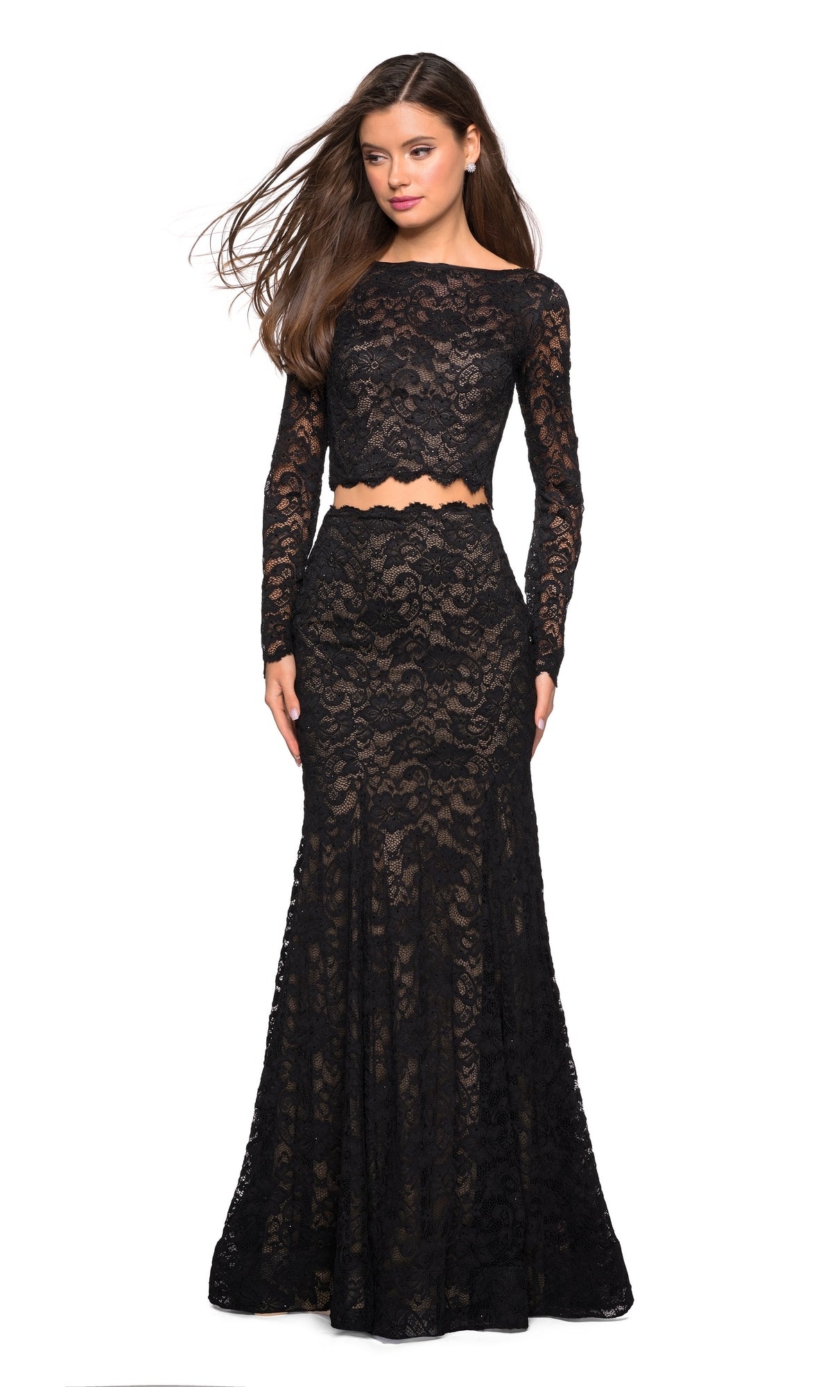 Long-Sleeve Two-Piece Lace Prom Dress: La Femme 27601