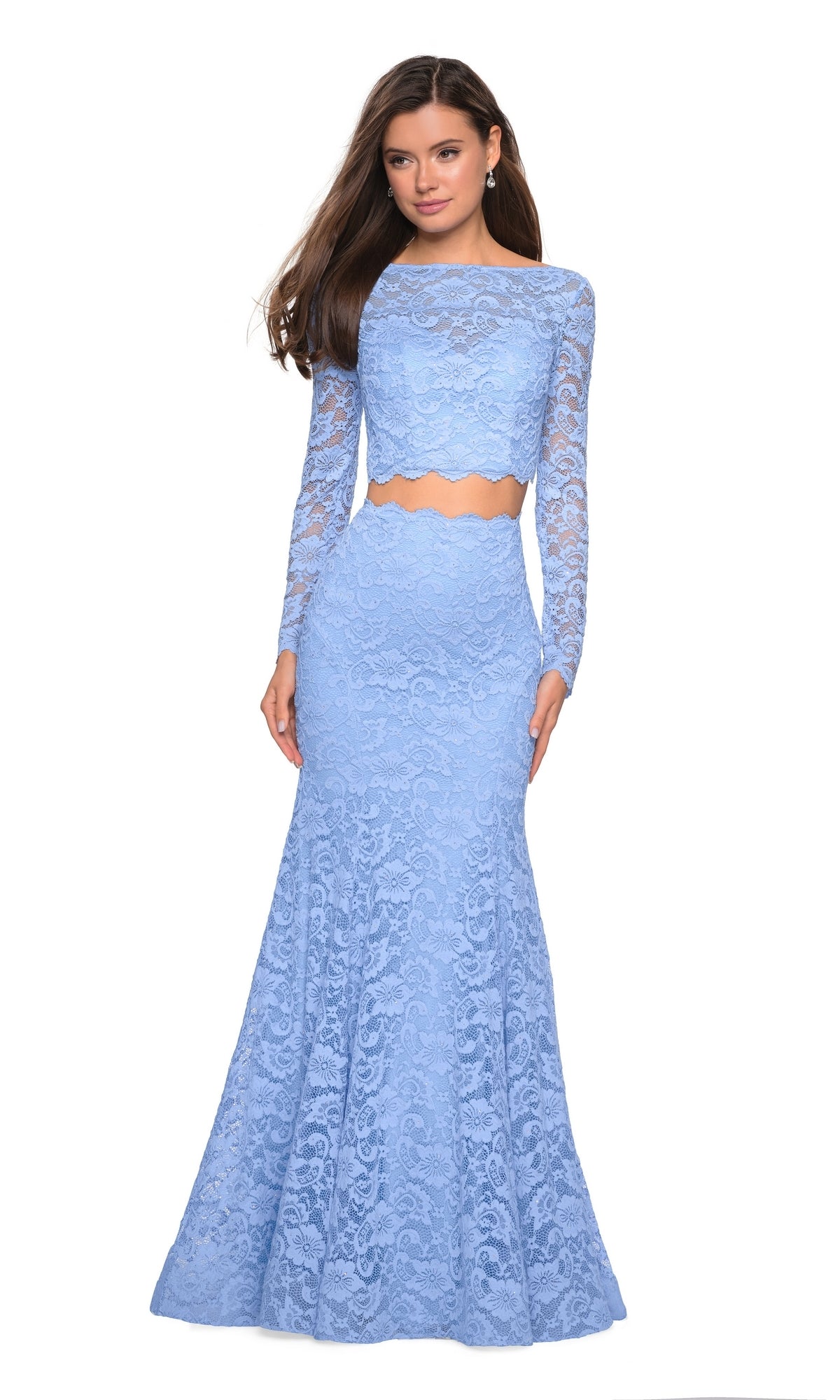 Long-Sleeve Two-Piece Lace Prom Dress: La Femme 27601