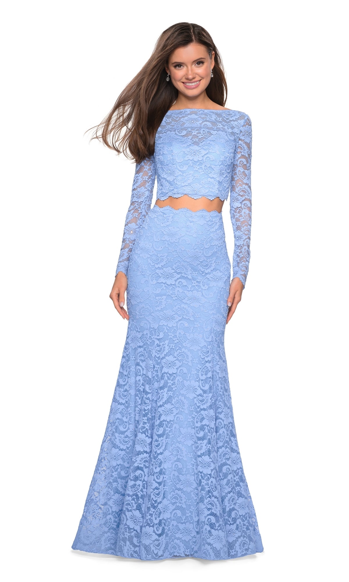 Long-Sleeve Two-Piece Lace Prom Dress: La Femme 27601