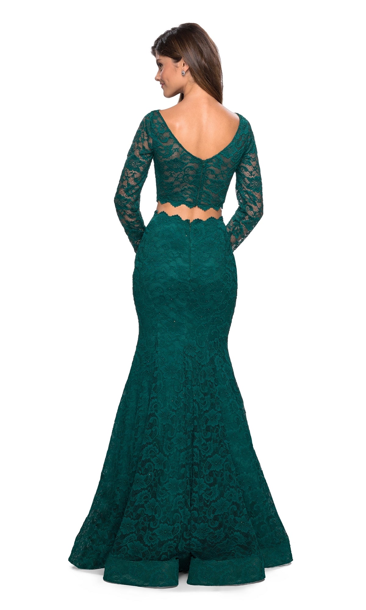 Long-Sleeve Two-Piece Lace Prom Dress: La Femme 27601