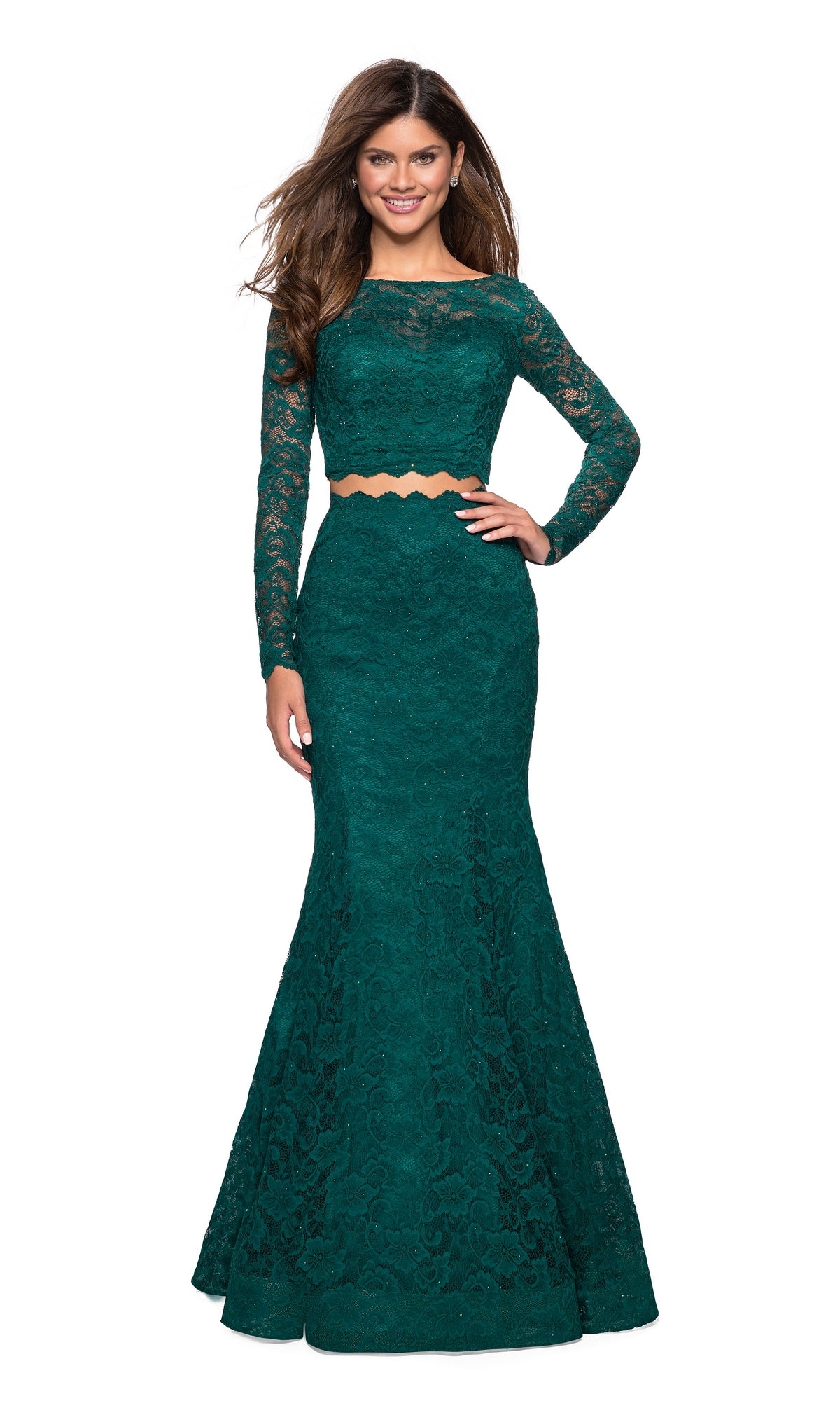Long-Sleeve Two-Piece Lace Prom Dress: La Femme 27601