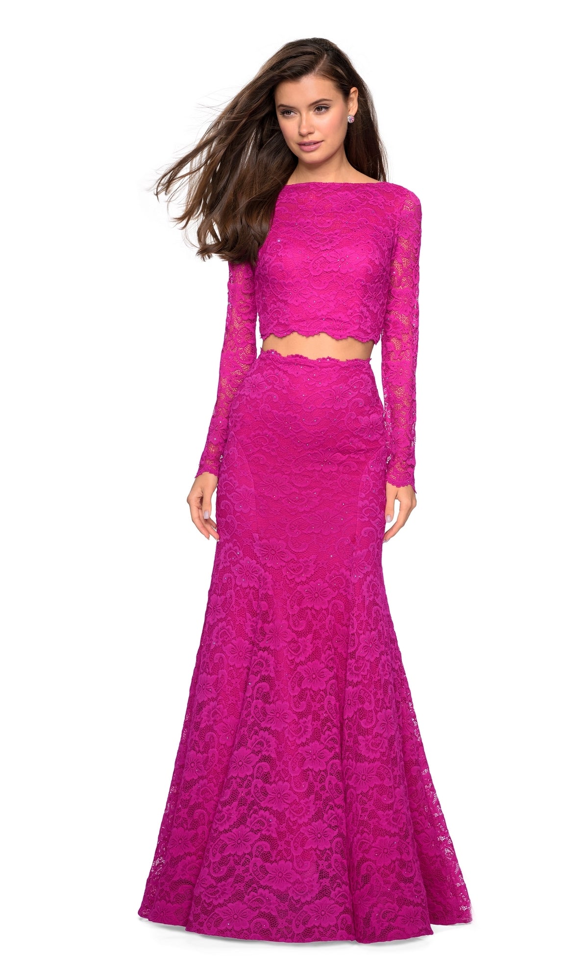 Long-Sleeve Two-Piece Lace Prom Dress: La Femme 27601