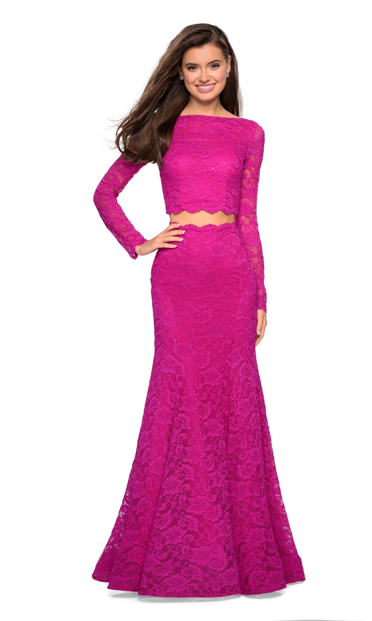 Long-Sleeve Two-Piece Lace Prom Dress: La Femme 27601