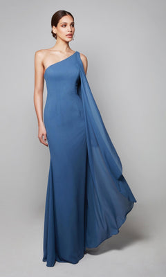 A woman stands against a plain light background in the Alyce 27603, a floor-length, one-shoulder chiffon dress with draped details—an ideal choice for mothers-of-the-bride or any formal event.