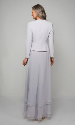 A woman faces away in the Alyce 27608, a long, light gray mother of the bride dress with matching jacket, beaded lace bodice, layered hem, and long sleeves for an elegant look.