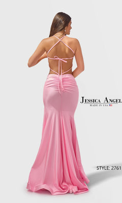 A woman poses with her back to the camera in the Long Prom Dress: Jessica Angel 2761—a floor-length, backless pink stretch-jersey gown with crisscross straps. "Jessica Angel" and "STYLE: 2761" text appears on the image.