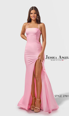 Woman in a bubblegum Long Prom Dress by Jessica Angel (Style 2761), featuring stretch-jersey fabric, fitted sheath silhouette, floor length, spaghetti straps, and a high slit. Text: "Jessica Angel" and "Style: 2761.