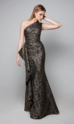A woman models the Alyce 27620, a fitted, floor-length, one-shoulder formal gown with a metallic sheen and side drape detail, standing against a plain gray background.