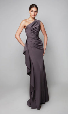 A woman poses against a plain background wearing the Alyce 27624 Long Formal Dress in slate gray, featuring a one-shoulder neckline with draped and ruffled detailing.
