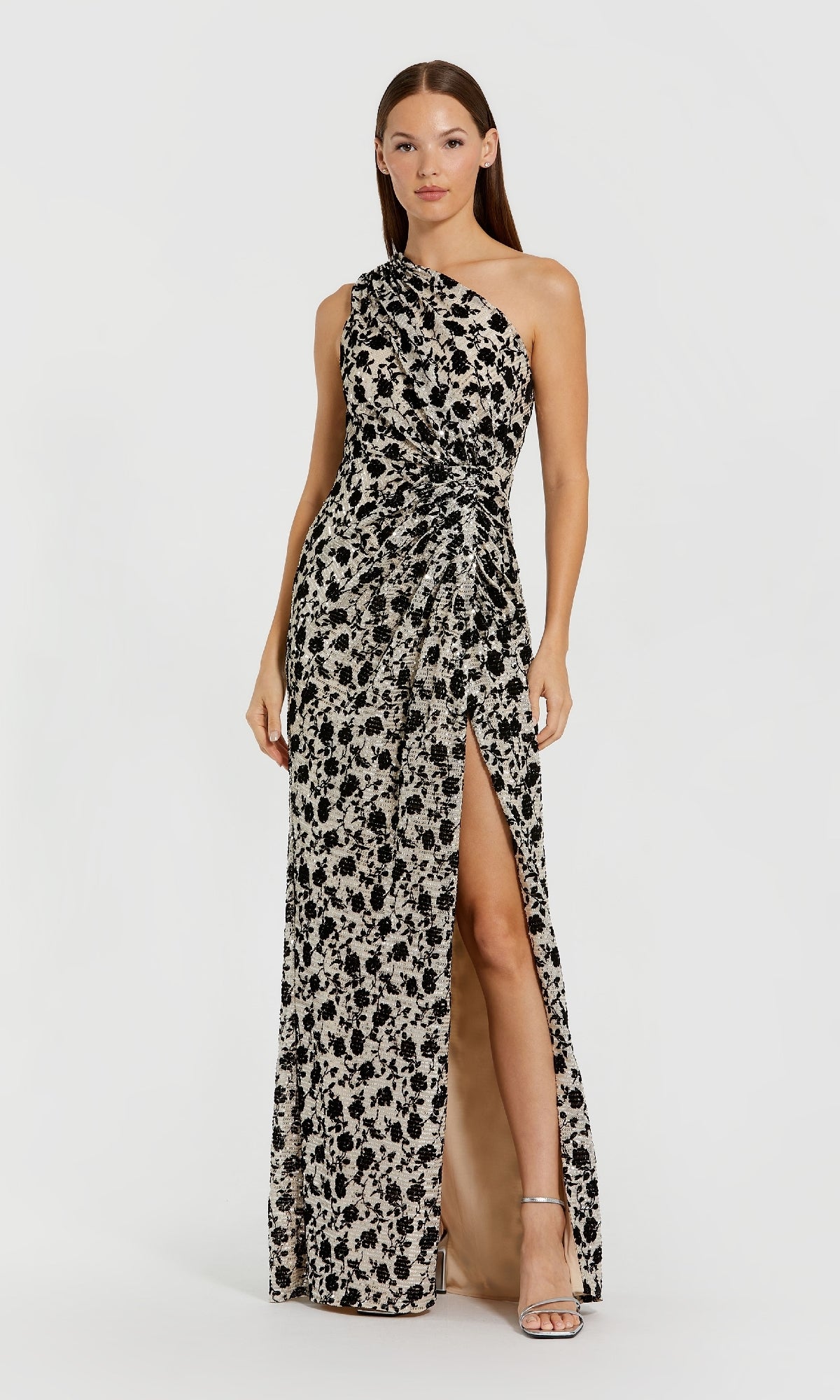 Ieena for Mac Duggal - Beige One Shoulder Sequin Gown with Floral Velvet Detail Ieena for Mac Duggal - Beige One Shoulder Sequin Gown with Floral Velvet Detail