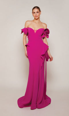 A woman faces forward in a raspberry Alyce 27643 long formal dress with ruffle details and a fitted bodice—an elegant mother-of-the-bride choice against a plain light background.