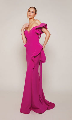 A woman in the Alyce 27643 Long Formal Dress, an off-the-shoulder bright pink gown with ruffle and bow details—ideal for a stylish mother-of-the-bride—stands against a plain light background.
