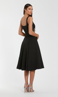 Knee-Length Black Wedding-Guest Dress with Cut Out PromGirl